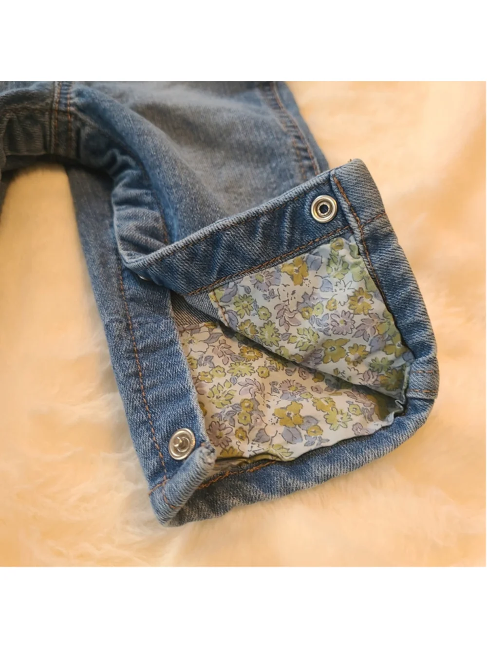 OshKosh B'gosh Denim Bib Overall Girls 9M Blue With Floral Leg Cuffs Trim Jean